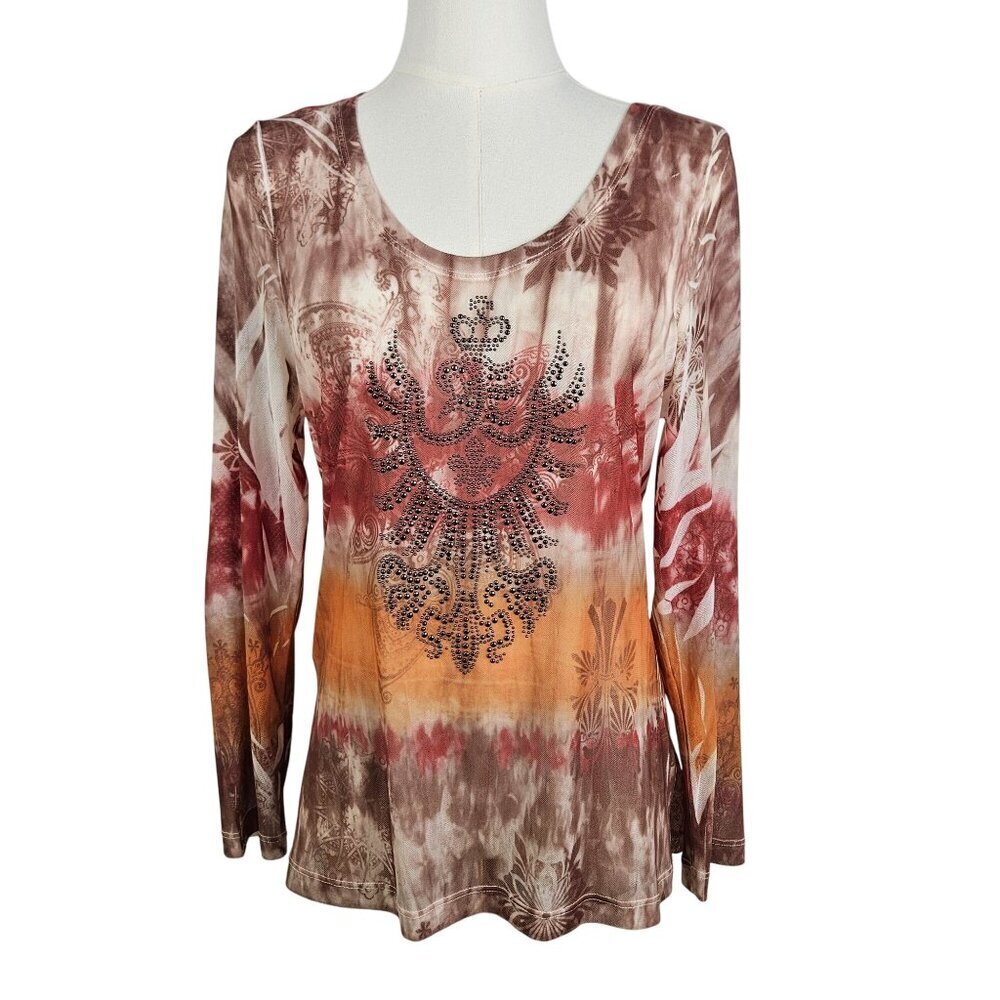 David Cline Mesh Sheer Tie-Dye Rhinestone Embellished Long Sleeve Top P Large